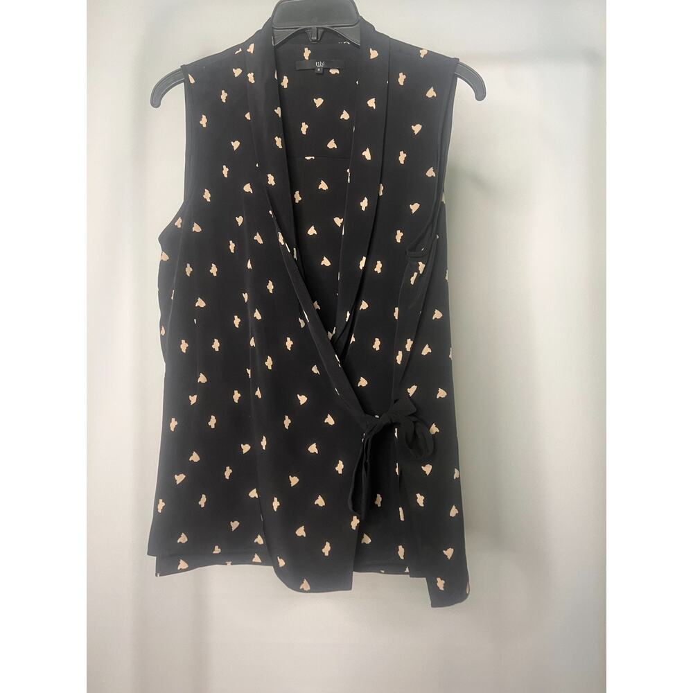 Tibi Black Silk Wrap Top Sleeveless Blouse Abstract Print Side Tie Size 6